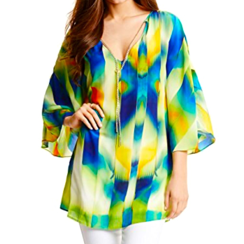 Marciano La Vista Tunic Size S Blue Yellow Beach Vacation Silk Gold Summer